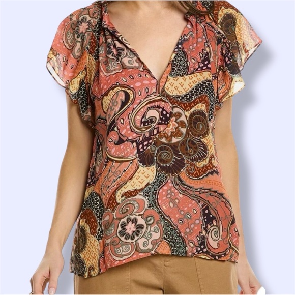 ALC “June” Silk Flutter Sleeve Blouse V-Neck Retro Paisley Floral Pattern size 8